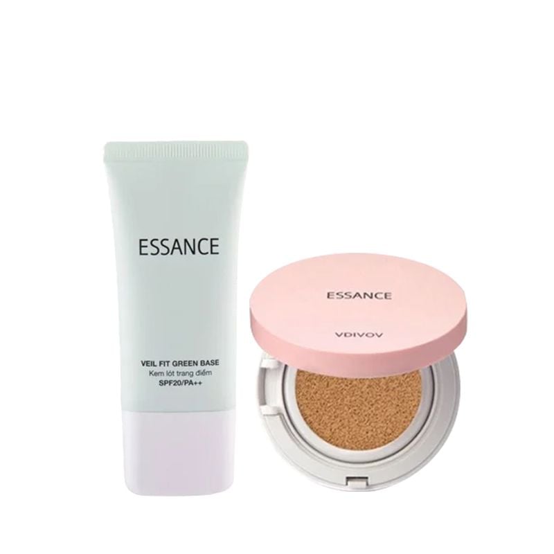 Combo Kem Lót Hiệu Chỉnh Sắc Da Kiểm Soát Dầu Essance Veil Fit Green Base SPF20 PA++ 30ml Và Phấn Nước Mịn Lì Mờ Khuyết Điểm Essance Veil Fit Cushion SPF50+ Pa+++ 15G No 23 Deep Ivory Tông Da Nâu