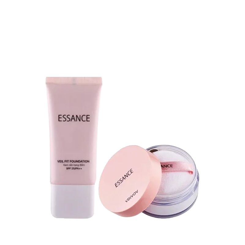 Combo Kem Nền Bền Màu Che Khuyết Điểm Toàn Diện Essance Veil Fit Foundation SPF25 Pa++ 30ml Màu 21 Và Phấn Phủ Kiềm Dầu Dạng Bột Đa Năng Essance Setting Powder 7g