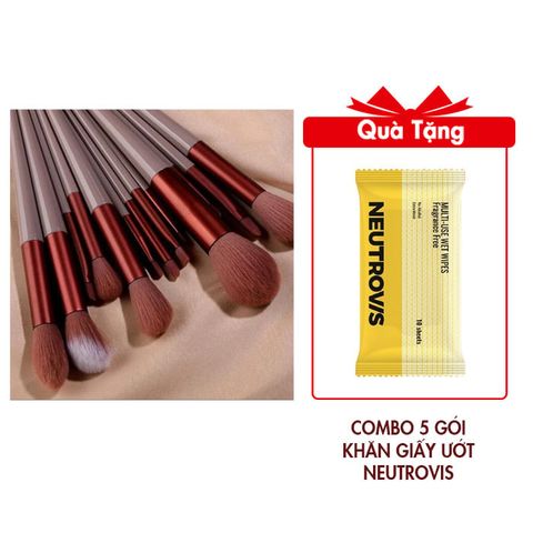 Set Cọ trang điểm 13 món Herw Mẫu HERW101 Tặng Combo 5 Gói Khăn Giấy Ướt Neutrovis