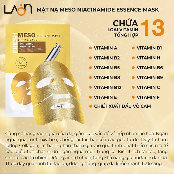 Hộp Mặt Nạ Vàng Làm Trắng Da Chống Lão Hoá Laon Fresh Meso Essence Mask Lifting Care Whitening Nourishing 30ml (10 miếng )