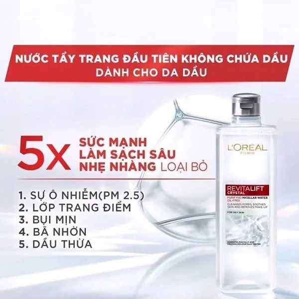 Nước Tẩy Trang L'Oreal Làm Sạch Sâu Cho Da Dầu Revitalift Crystal Purifying Micellar Water 95ml