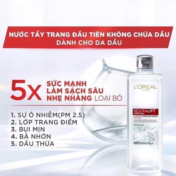 Combo 2 Nước Tẩy Trang L'Oreal Làm Sạch Sâu Cho Da Dầu Revitalift Crystal Purifying Micellar Water 95mlx2