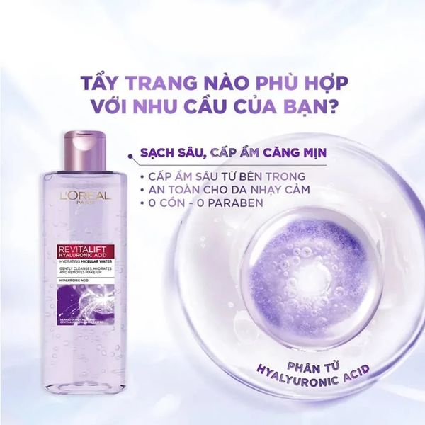 Nước Tẩy Trang L'Oreal Căng Mịn Da Revitalift Hyaluronic Acid Hydrating Micellar Water 95ml