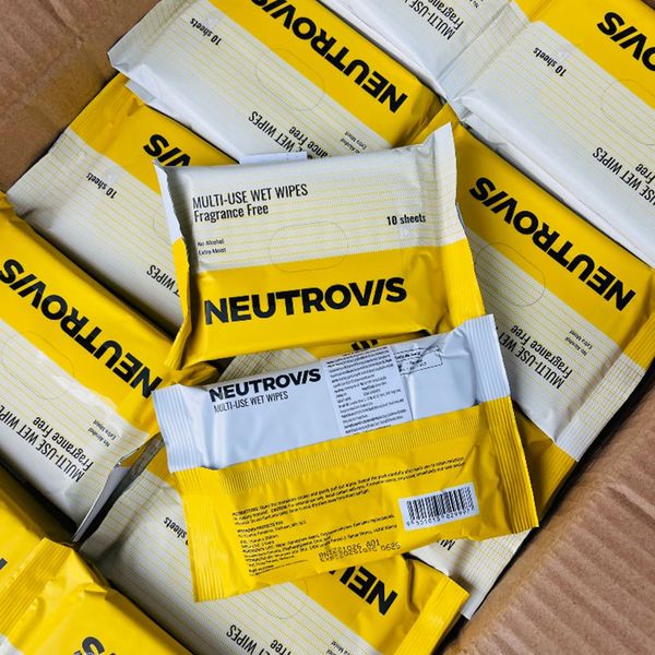 (HSD: 10/2025) Thùng 100 Gói Khăn Giấy Ướt Đa Dụng Không Mùi An Toàn Neutrovis (Gói 10tờ)