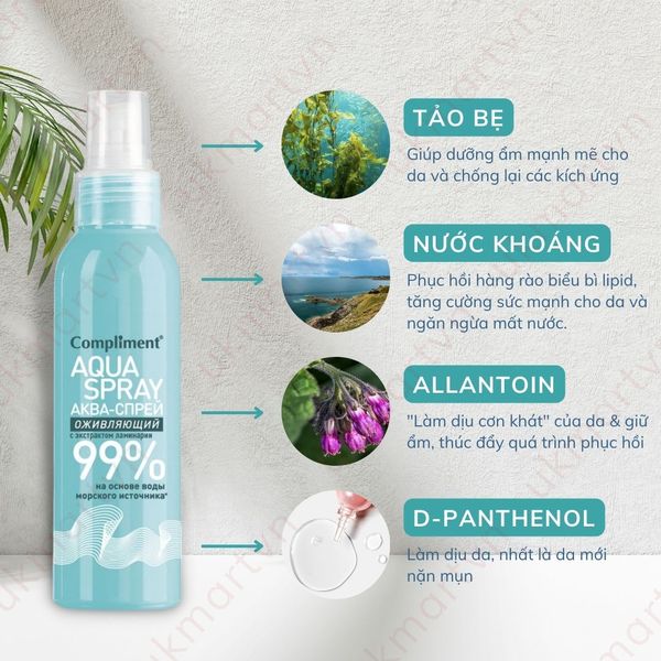 (HSD: 3/2026) Xịt Khoáng Compliment Aqua Spray 99% Cấp Ẩm ,Phục Hồi, Làm Dịu Cân Bằng Da Cấp Tốc 200ml Màu Xanh