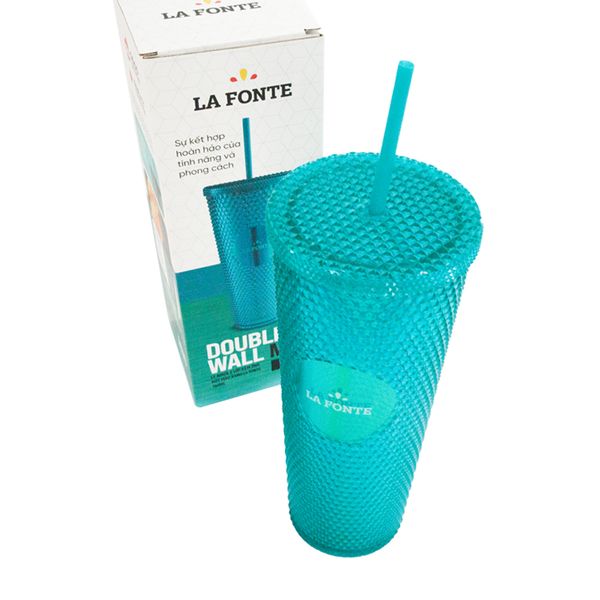 Ly Nhựa 2 Lớp Kèm Ống Hút Màu Xanh Fonte 760ml