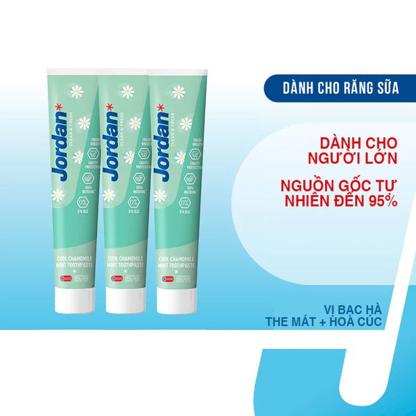 (HSD: 10/2026) Combo 3 Kem Đánh Răng Cho Người Lớn Vị Bạc Hà Hoa Cúc Mát Lạnh Jordan Clean & Fresh Cool 75Gx3