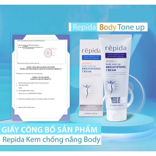 (HSD: 5/2026) Kem Dưỡng Thể Nâng Tone Sáng Da Repida Cấp Ẩm, Phục Hồi, Bảo Vệ Da SPF 50+ PA++++ 200ml