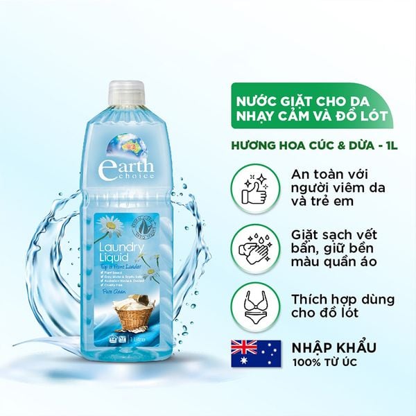 Nước Giặt Đồ Lót Earth Choice An Toàn Với Da Nhạy Cảm Với Nguồn Gốc Thực Vật An Toàn - Dung Tích 1 Lít
