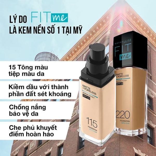 Kem Nền Maybelline Mịn Nhẹ Kiềm Dầu Chống Nắng Fit Me Matte Poreless Foundation SPF 22 #112 Natural Ivory 30ml