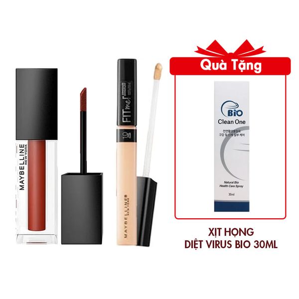 (HSD: 10/2025) Bộ Trang Điểm Son Kem Maybelline Mịn Lì Như Nhung CM14 Hồng Đất 6.4ml Và Kem Che Khuyết Điểm Maybelline Fit Me Concealer Mịn Lì 10 Light 6.8ml