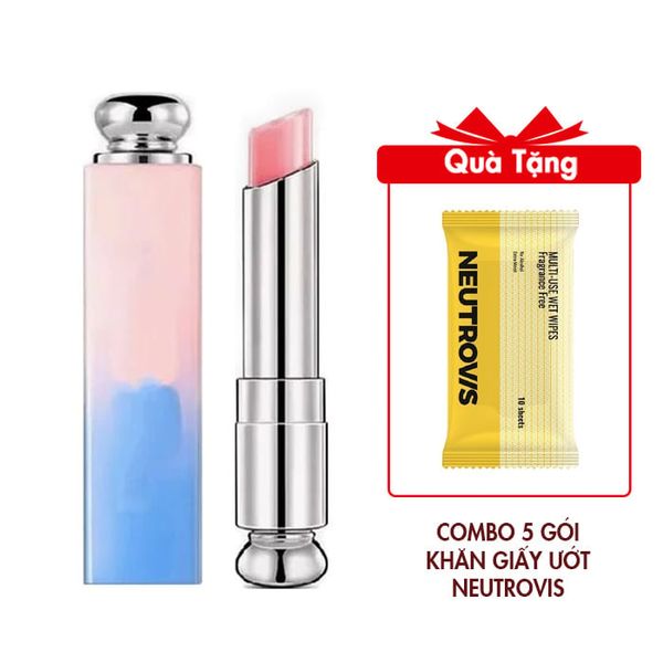 Son Dưỡng Có Màu Nội Địa Trung Cao Cấp Mẫu NDT017 Màu hồng Tặng Combo 5 Gói Khăn Giấy Ướt Đa Dụng Không Mùi An Toàn Neutrovis - (Gói 10tờ)