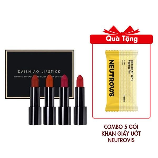 Bộ Quà Tặng 4 Cây Son Nhung Lì Nội Địa Trung Mẫu NDT062 Tặng Combo 5 Gói Khăn Giấy Ướt Đa Dụng Không Mùi An Toàn Neutrovis - (Gói 10tờ)