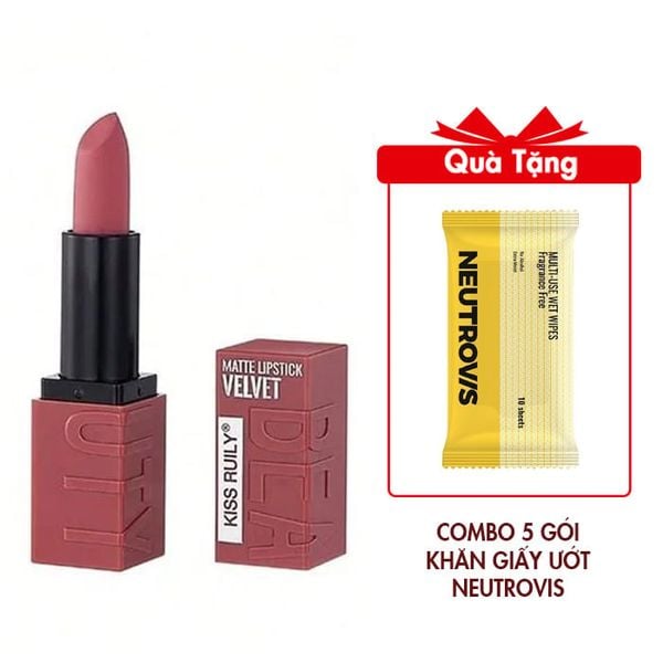 Son Nhung Lì Nội Địa Trung Màu 05 Copper Red Mẫu NDT075 Tặng Combo 5 Gói Khăn Giấy Ướt Đa Dụng Không Mùi An Toàn Neutrovis - (Gói 10tờ)