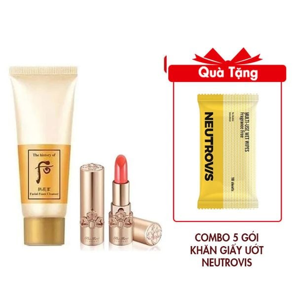 Combo Son Lì Dưỡng Ẩm Mini Cao Cấp Ohui The First Geniture Lipstick Màu Coral 2g Và Sữa Rửa Mặt Dịu Nhẹ Gongjinhyang Facial Cleansing Foam 40ml Tặng Combo 5 Gói Khăn Giấy Ướt Đa Dụng Không Mùi An Toàn Neutrovis
