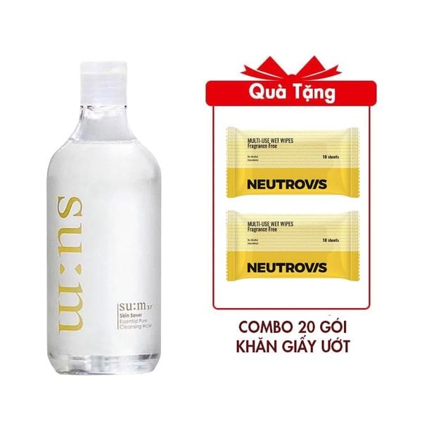 Nước Tẩy Trang Su:m37 Skin Saver Essential Pure Cleansing Water 100ml Tặng Combo 20 Gói Khăn Giấy Ướt Đa Dụng Không Mùi An Toàn Neutrovis