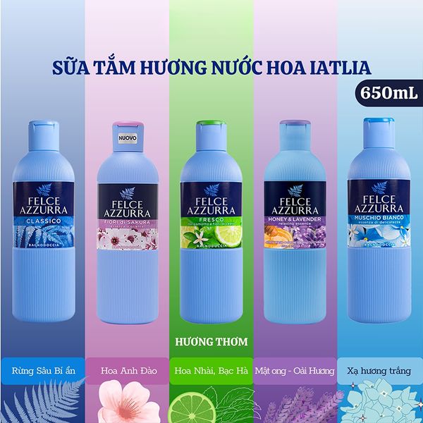 Combo Sữa Tắm Nước Hoa Felce Azzurra Hổ Phách Cam Nhài Và Hương Xạ Hương Trắng 650mlx2