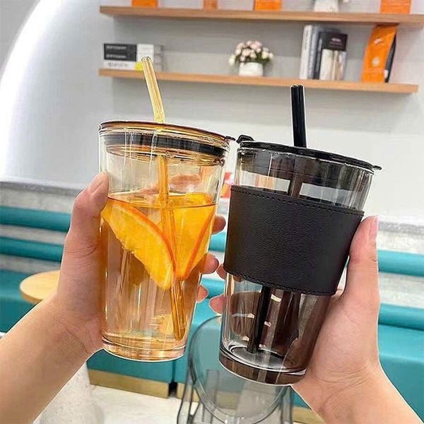 Ly Thủy Tinh Cao Cấp Quai Da Chống Nhiệt GOR Màu Đen Khói 450ml mẫu NNG002