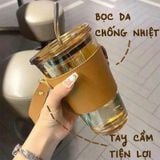 Combo 2 Ly Thủy Tinh Cao Cấp Quai Da Chống Nhiệt GOR Màu Vàng trà Và Đen Khói