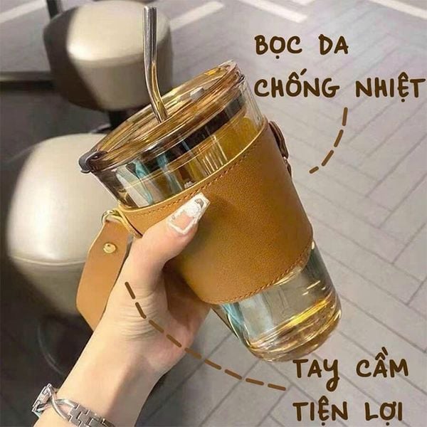 Combo 2 Ly Thủy Tinh Cao Cấp Quai Da Chống Nhiệt GOR Màu Vàng trà Và Đen Khói