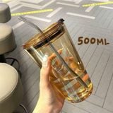 Ly Thủy Tinh Cao Cấp Quai Da Chống Nhiệt GOR màu vàng trà 450ml mẫu NN001