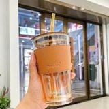 Ly Thủy Tinh Cao Cấp Quai Da Chống Nhiệt GOR màu vàng trà 450ml mẫu NN001