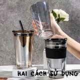 Ly Thủy Tinh Cao Cấp Quai Da Chống Nhiệt GOR màu vàng trà 450ml mẫu NN001