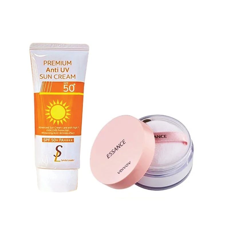 Combo Kem Chống Nắng Ngăn Ngừa Lão Hoá Smile Leader Premium Anti UV Sun Cream SPF 50+ PA++++ 60ml Dành cho da khô, lão hóa (màu cam) Và Phấn Phủ Kiềm Dầu Dạng Bột Đa Năng Essance Setting Powder 7g