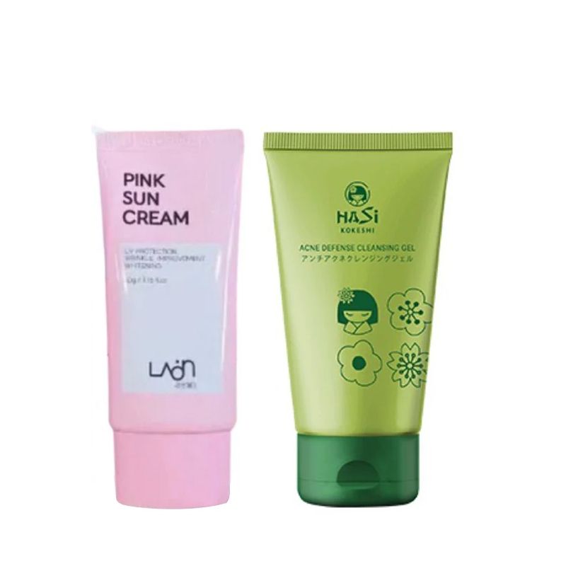 Combo Kem Chống Nắng Pink Sun Cream Laon 50g Và Gel Rửa Mặt Dành Cho Da Mụn - Hasi Kokeshi Puredoll Acne Defense Cleasing Gel 100ml