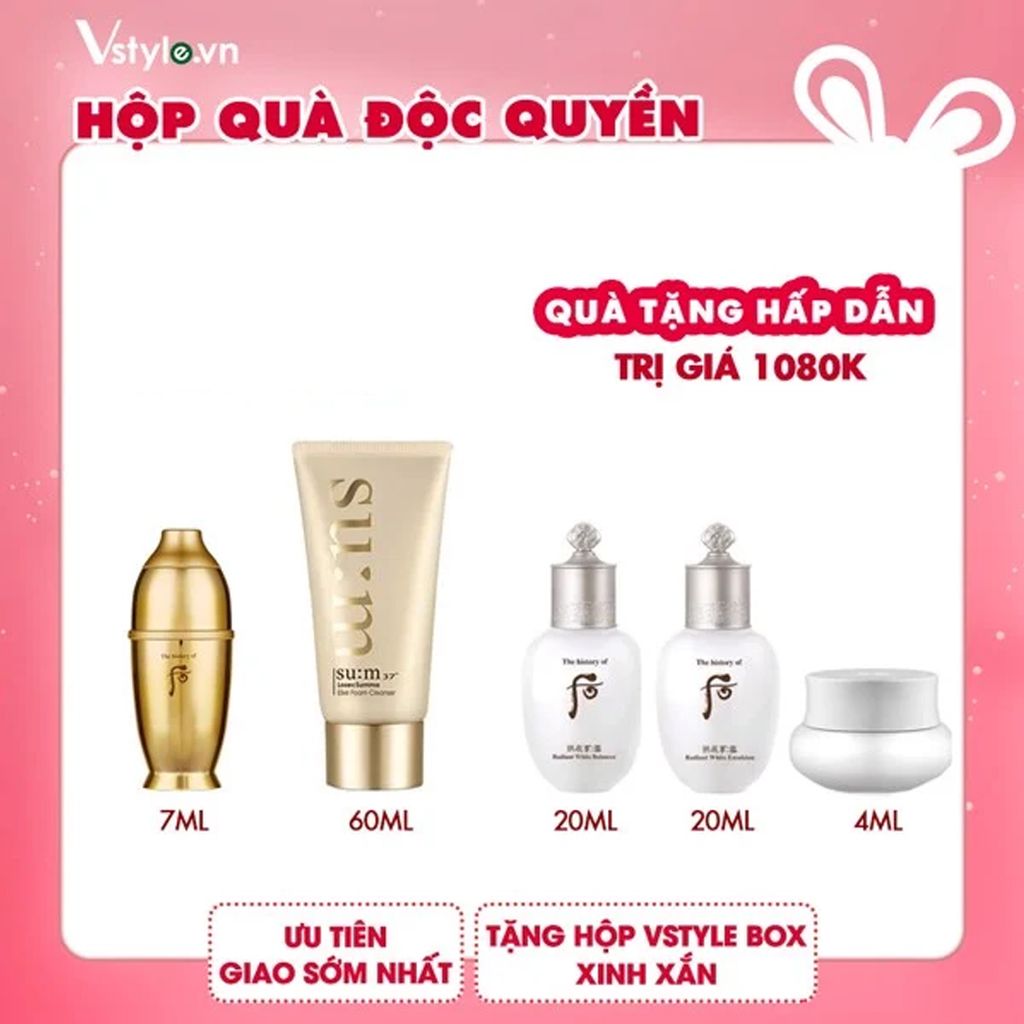 Box Combo Tinh Chất Whoo Vàng Hoàn Lưu Bổ Dịch Hwanyu Signature Ampoule 7ml Và Sữa Rửa Mặt Su:m 37 Losec Summa Elixir Foam Cleanser 60ml Tặng Whoo Gongjinhyang Seol 20ml, Sữa Dưỡng Whoo Gongjinhyang Seol 20ml Và Kem Dưỡng Whoo Gongjinhyang Seol 4ml