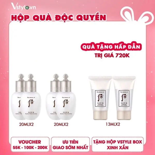 Box Combo 2 Sữa Dưỡng Trắng Da Whoo Gongjinhyang Seol Radiant White Emulsion 20mlx2 Và 2 Nước Cân Bằng Dưỡng Trắng Whoo Gongjinhyang Seol Radiant White Balancer 20mlx2 Tặng 2 Sữa Rửa Mặt Dưỡng Trắng Whoo Gongjinhyang Seol Brightening Cleansing Foam 13Mlx2