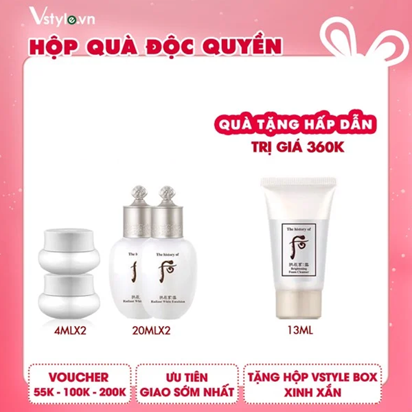 Box Combo 2 Kem Dưỡng Da Whoo Gongjinhyang Seol Radiant White Moisture Cream 4mlx2 Và 2 Nước Cân Bằng Dưỡng Trắng Whoo Gongjinhyang Seol Radiant White Balancer 20mlx2 Tặng Sữa Rửa Mặt Dưỡng Trắng Whoo Gongjinhyang Seol Brightening Cleansing Foam 13ml