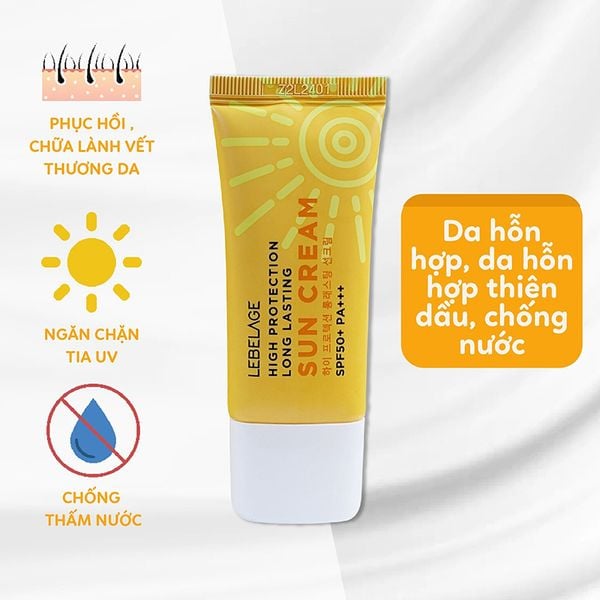 (HSD: 2/2027) Combo 2 Kem Chống Nắng Chống Thấm Nước Lebelage SPF50+ Pa+++ High Protection Long Lasting Sun Cream Chiết Xuất Lá Lô Hội 30ml (màu vàng)