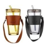 Combo 2 Ly Thủy Tinh Cao Cấp Quai Da Chống Nhiệt GOR Màu Vàng trà Và Đen Khói