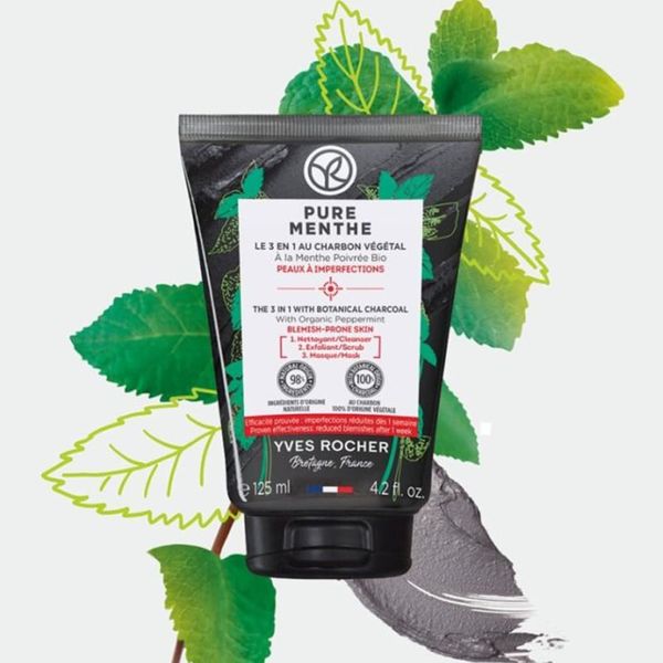 (HSD: 7/2026) Sữa Rửa Mặt Giảm Mụn Đầu Đen Yves Rocher Pure Menthe The 3In1 Charcoal Cleansing Exfoliating & Mask 125ml