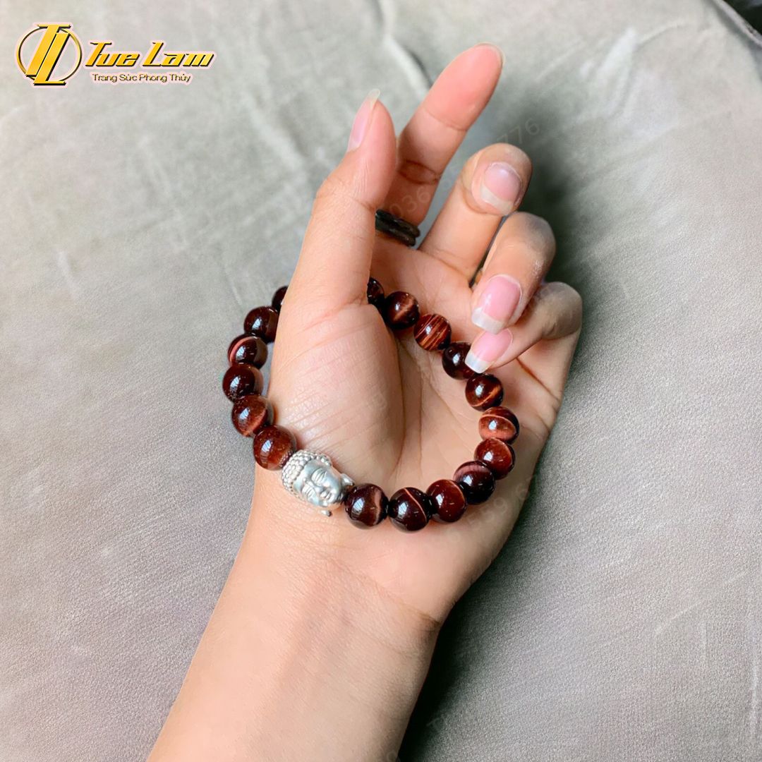  Vòng tay nam nữ phong thủy chuỗi hạt đá mắt hổ nâu đỏ size 12 Li mix charm đầu phật bạc S925 