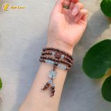  Vòng tay hạt gỗ trầm hương sánh chìm 108 hạt size 6 li mix hoa sen trầm sánh cỏ 4 lá đá aquamarine 