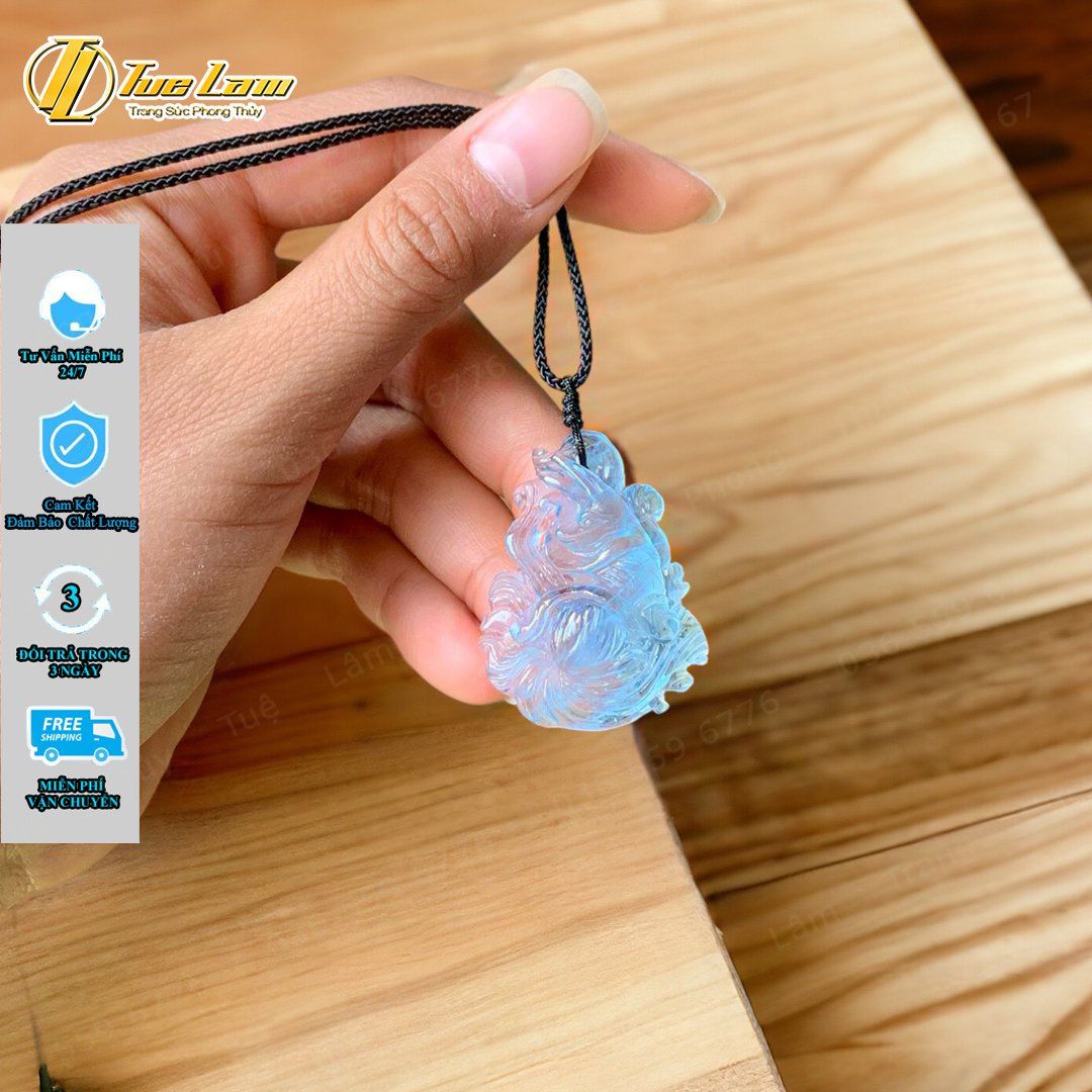  Dây chuyền mặt hồ ly chúa 9 đuôi cuốn dải lụa đá aquamarine hợp mệnh thủy mộc, trợ duyên may mắn - Tuệ Lâm 