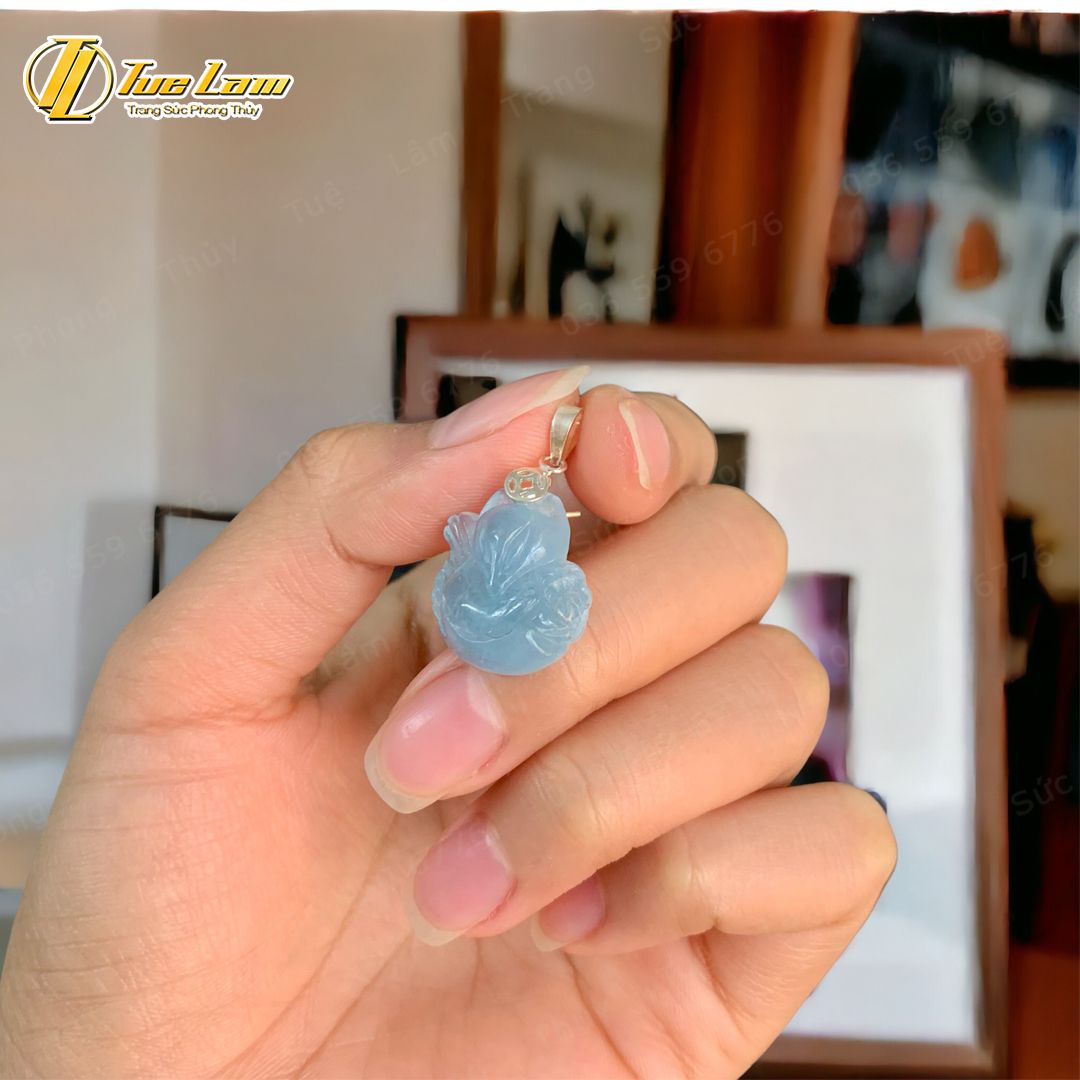  Dây chuyền mặt hồ ly chúa ôm hoa đá aquamarine hợp mệnh thủy mộc, trợ duyên may mắn - Tuệ Lâm 