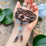  Vòng tay hạt gỗ trầm hương sánh chìm 108 hạt size 6 li mix hoa sen trầm sánh cỏ 4 lá đá aquamarine 