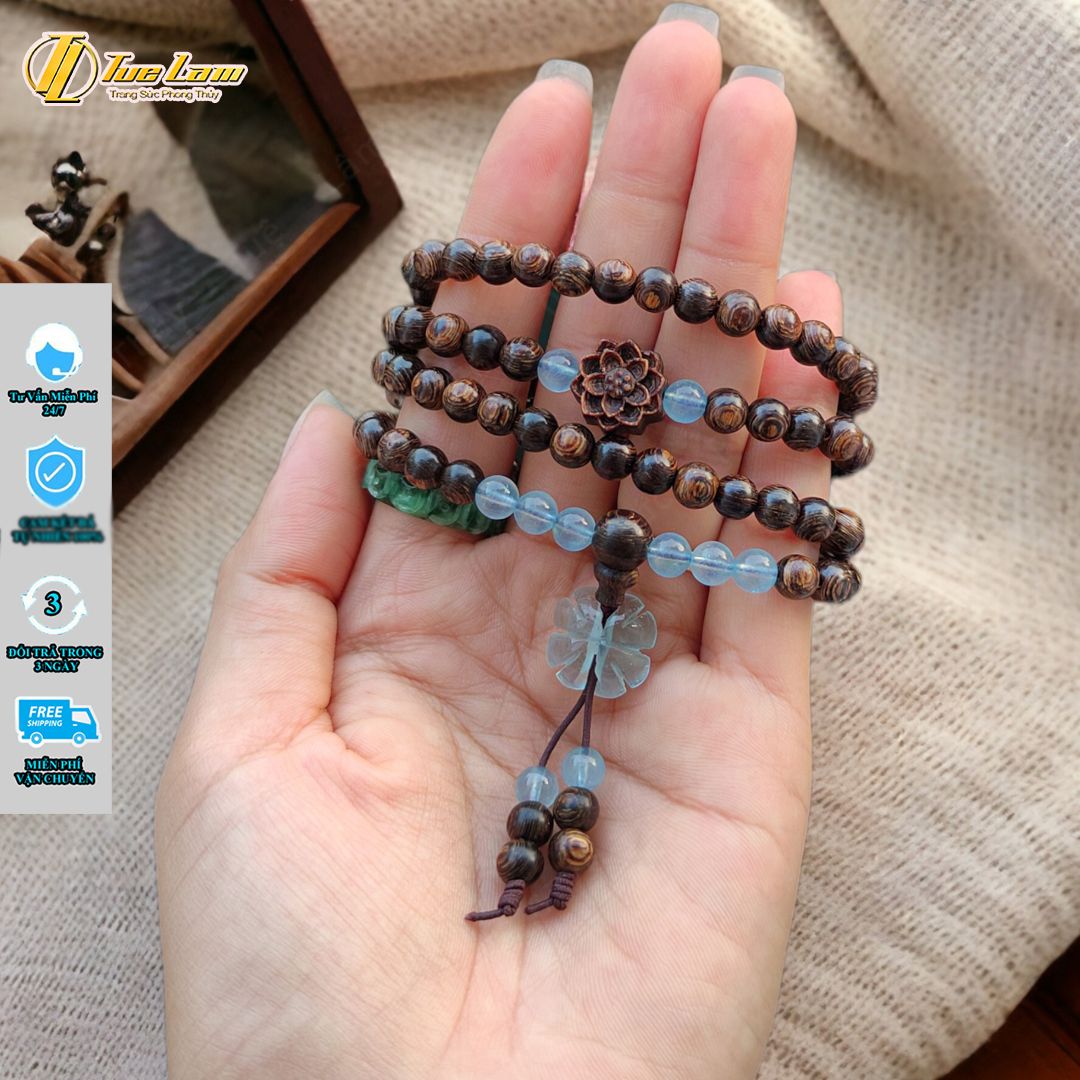  Vòng tay chuỗi nhiều vòng hạt gỗ trầm sánh chìm size 6 li, hoa sen trầm sánh. cỏ 4 lá đá aquamarine hợp mệnh 