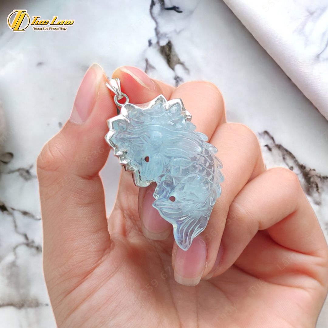  Mặt dây chuyền cá chép hóa rồng Đá Aquamarine hợp mệnh thủy mộc bọc bạc S925, may mắn thịnh vượng - Tuệ Lâm 