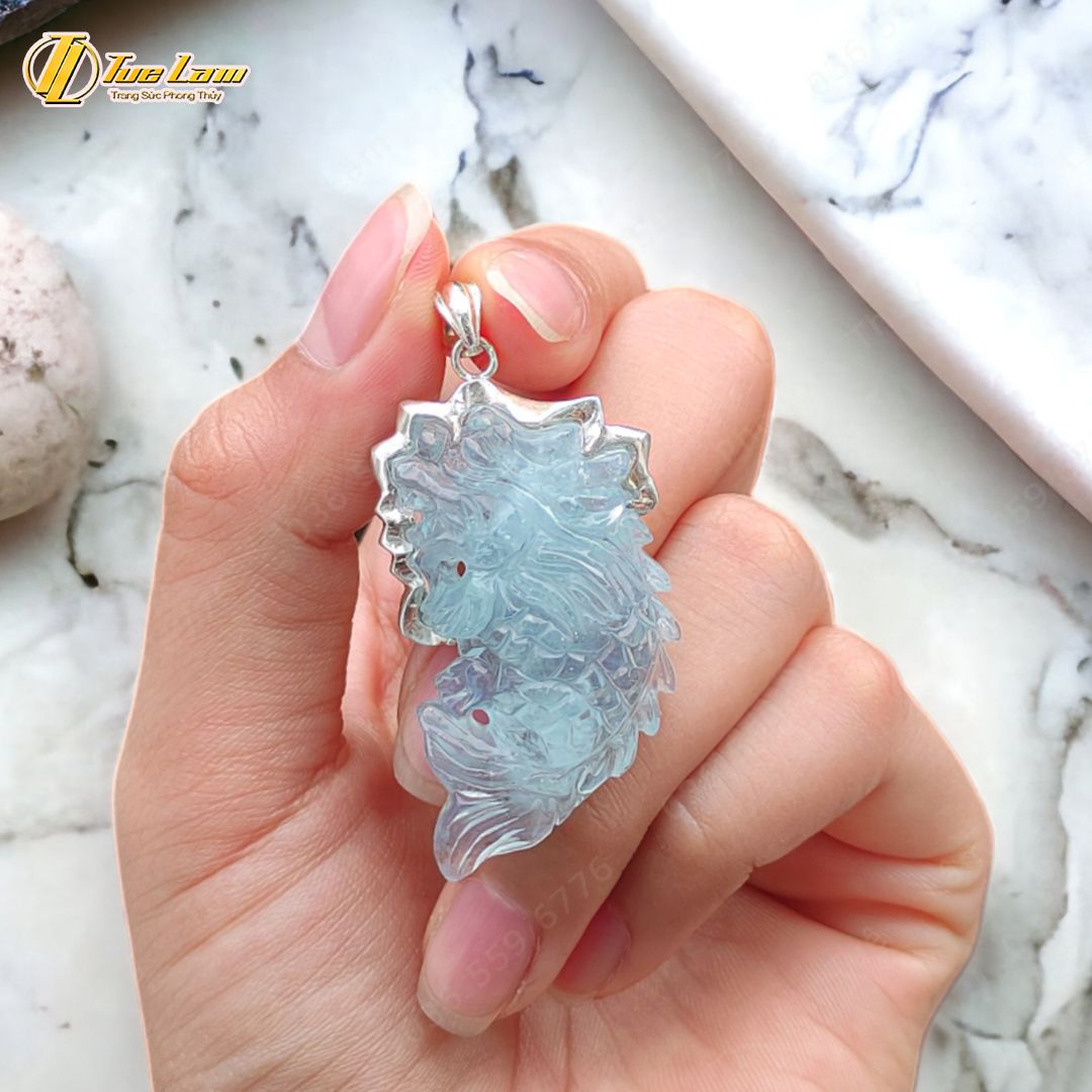  Mặt dây chuyền cá chép hóa rồng Đá Aquamarine hợp mệnh thủy mộc bọc bạc S925, may mắn thịnh vượng - Tuệ Lâm 