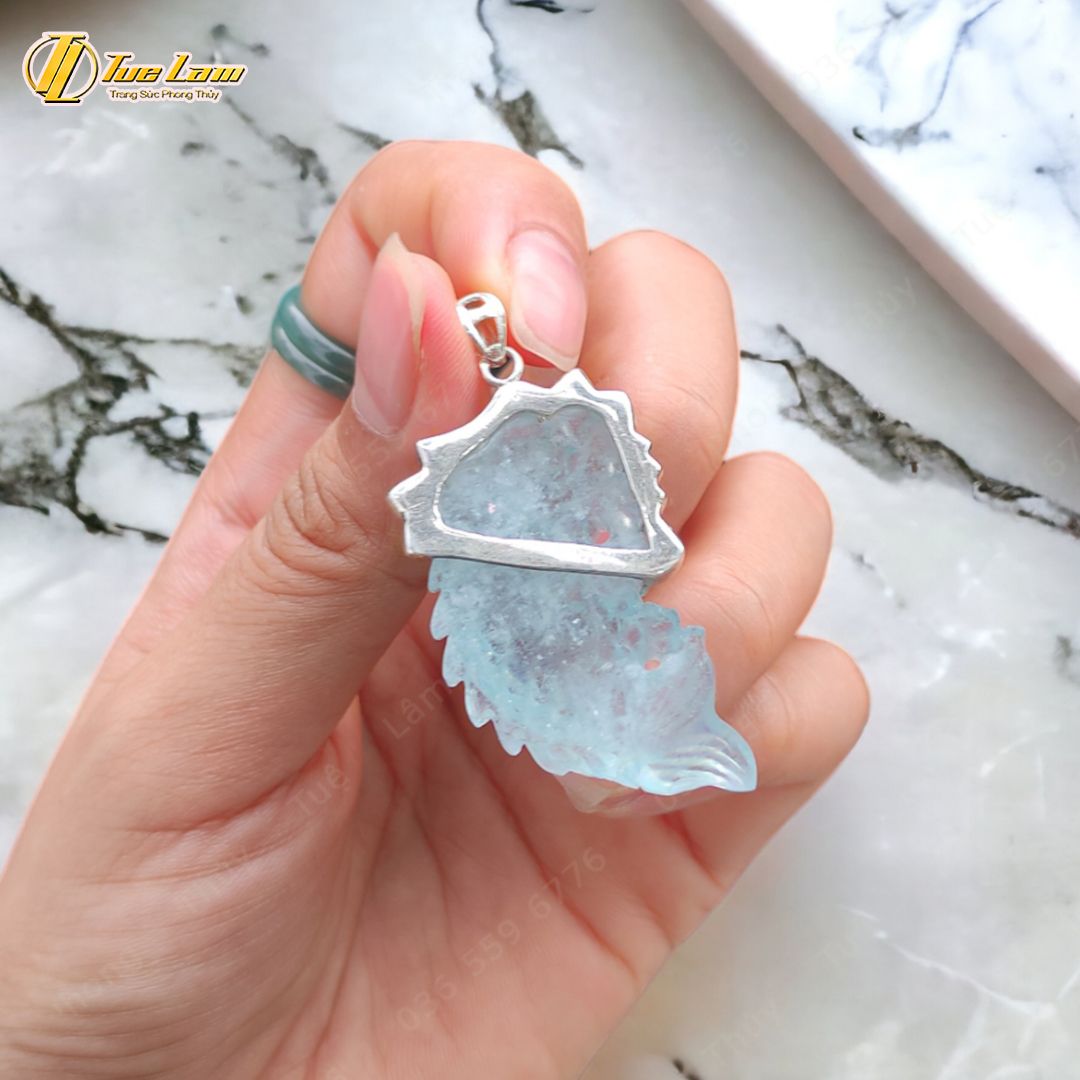  Mặt dây chuyền cá chép hóa rồng Đá Aquamarine hợp mệnh thủy mộc bọc bạc S925, may mắn thịnh vượng - Tuệ Lâm 