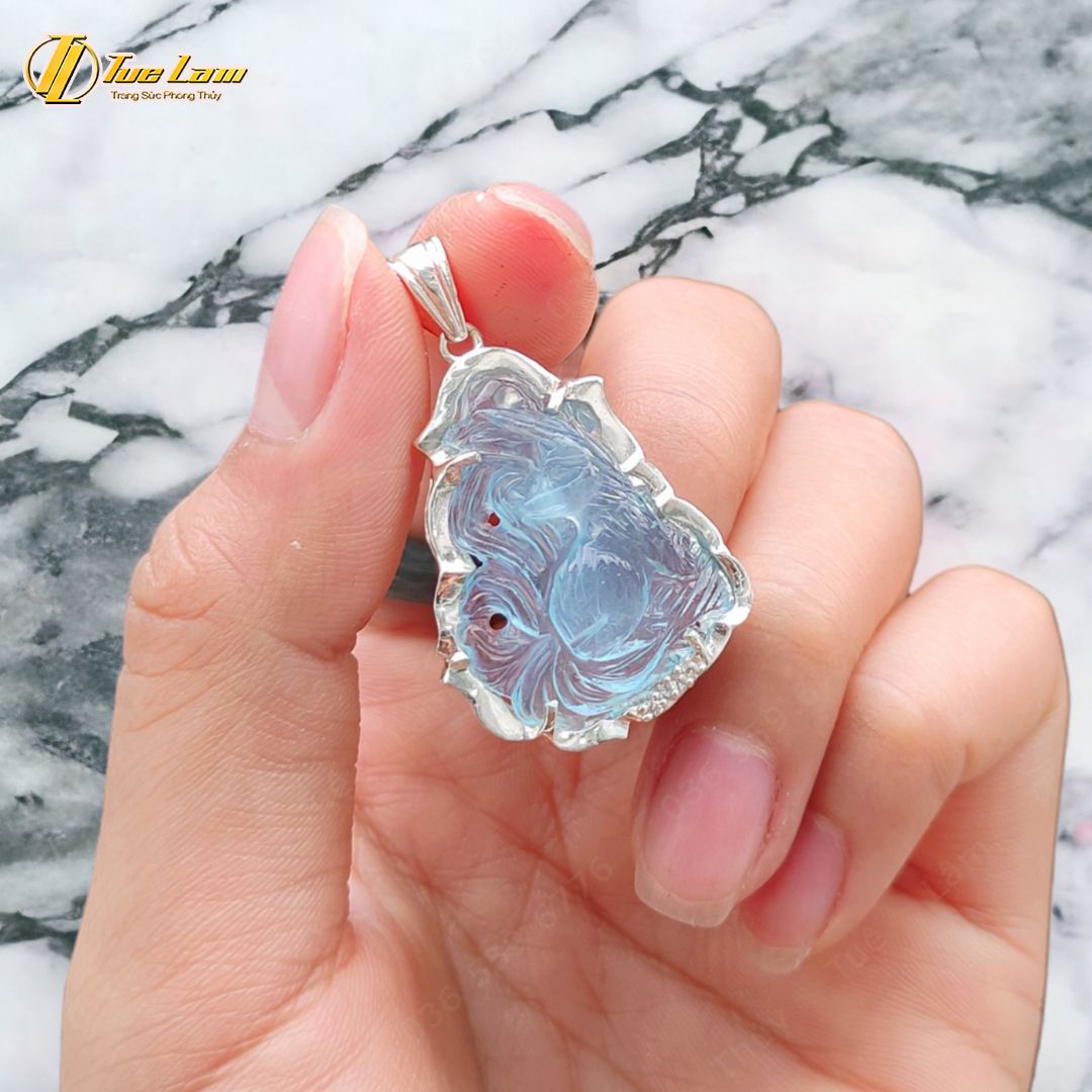  Dây chuyền mặt hồ ly chúa chín đuôi đá aquamarine bọc bạc hợp mệnh thủy mộc, trợ duyên may mắn - Tuệ Lâm 