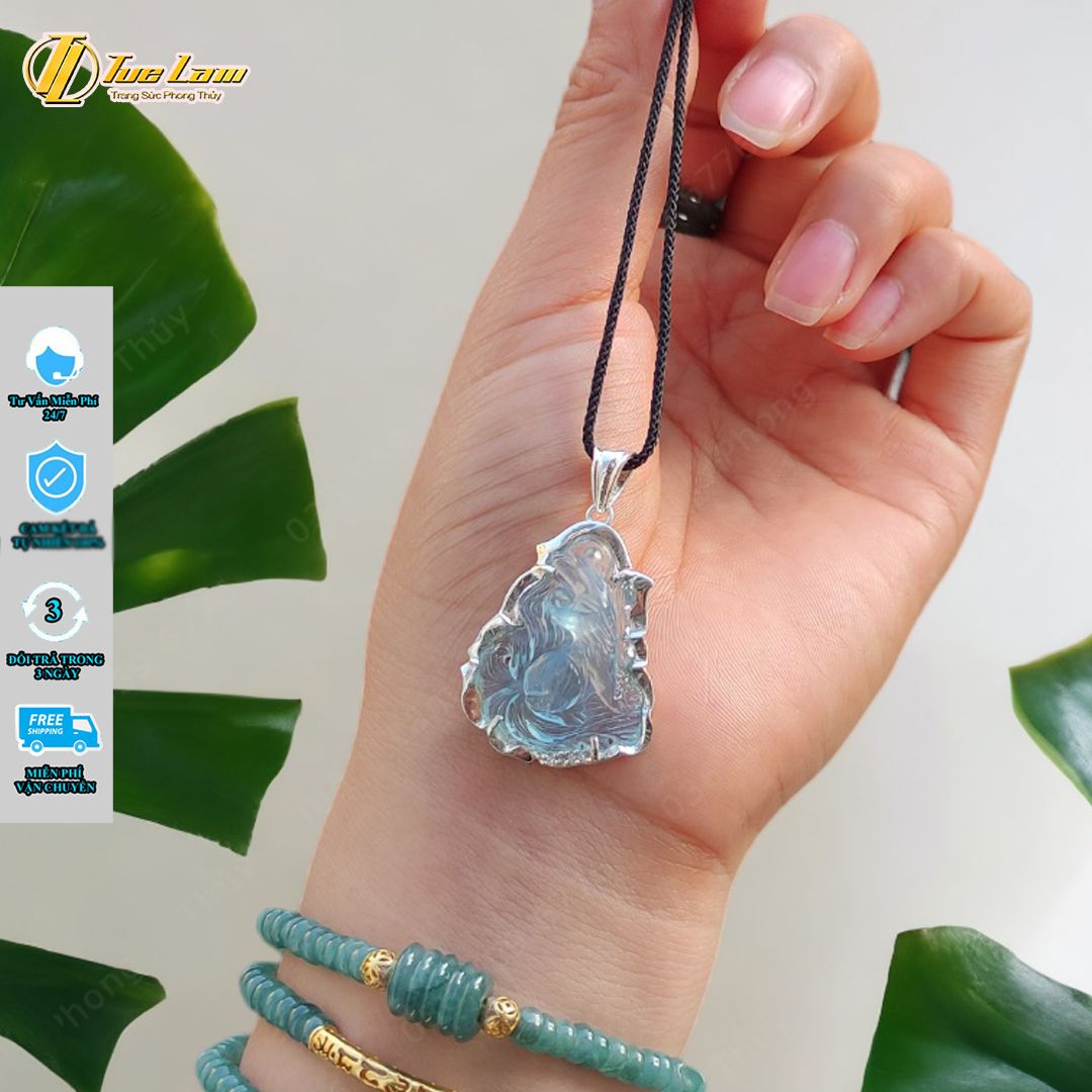  Dây chuyền mặt hồ ly chúa chín đuôi đá aquamarine bọc bạc hợp mệnh thủy mộc, trợ duyên may mắn - Tuệ Lâm 