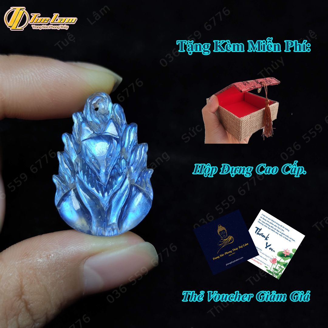  Dây chuyền mặt hồ ly chúa đá moonstone tự nhiên, hồ ly chín đuôi đá mặt trăng trợ tình duyên may mắn - Tuệ Lâm 