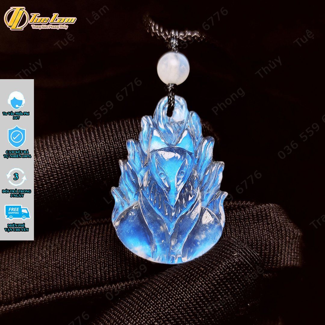  Dây chuyền mặt hồ ly chúa đá moonstone tự nhiên, hồ ly chín đuôi đá mặt trăng trợ tình duyên may mắn - Tuệ Lâm 