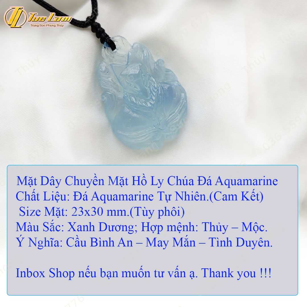  Dây chuyền mặt hồ ly chúa cuộn đuôi dưới đá aquamarine hợp mệnh thủy mộc, phụ trợ tình duyên, may mắn - Tuệ Lâm 