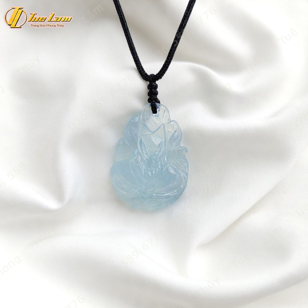  Dây chuyền mặt hồ ly chúa cuộn đuôi dưới đá aquamarine hợp mệnh thủy mộc, phụ trợ tình duyên, may mắn - Tuệ Lâm 